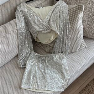 Silver Sequin Wrap Top and Skirt Set